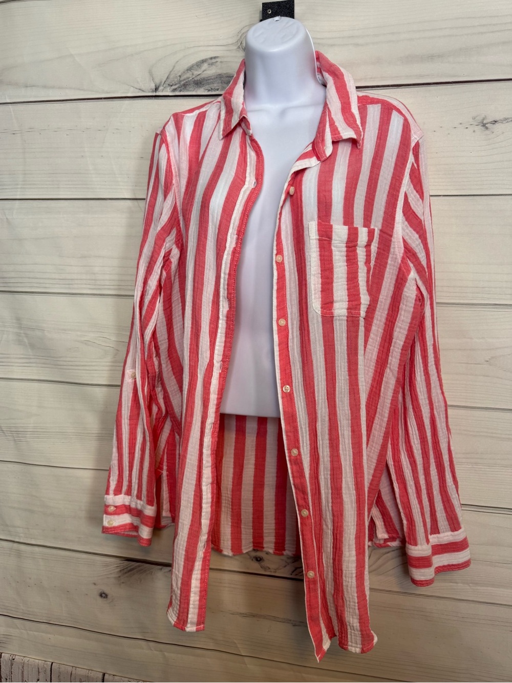 St Johns Bay Classic Red & White Striped Button-Up Shirt